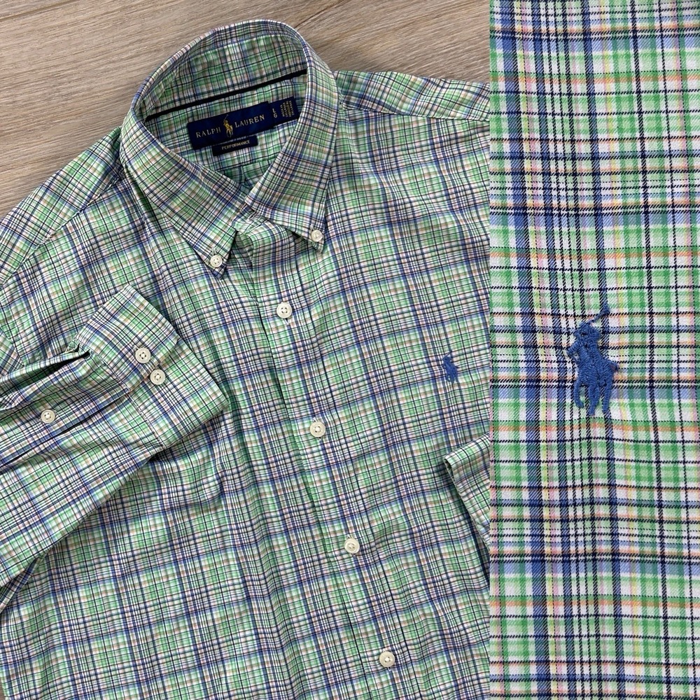 Ralph Lauren Shirt Mens Large Green Check Plaid Performance Stretch Long Sleeve
